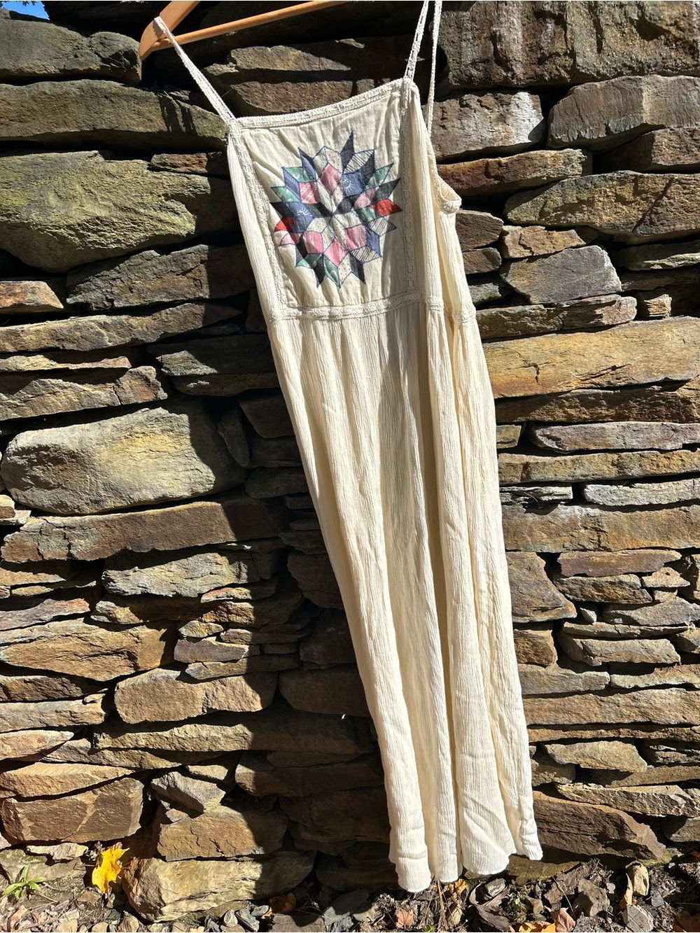 Cream Embroidered Cotton dress with Quilt Chest Detail